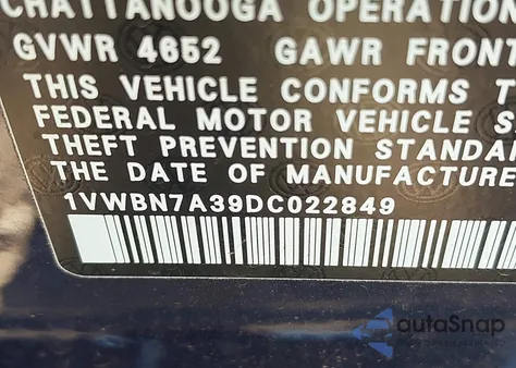 2013 Volkswagen Passat 2.0L Tdi Se z USA, uszkodzony, nr VIN 1VWBN7A39DC022849